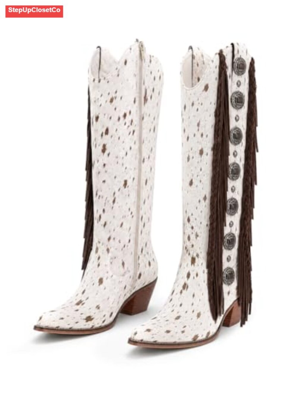 Womens Knee High Cowboy Boots Pointed Toe Chunky Heel Fringe Synthetic Leather